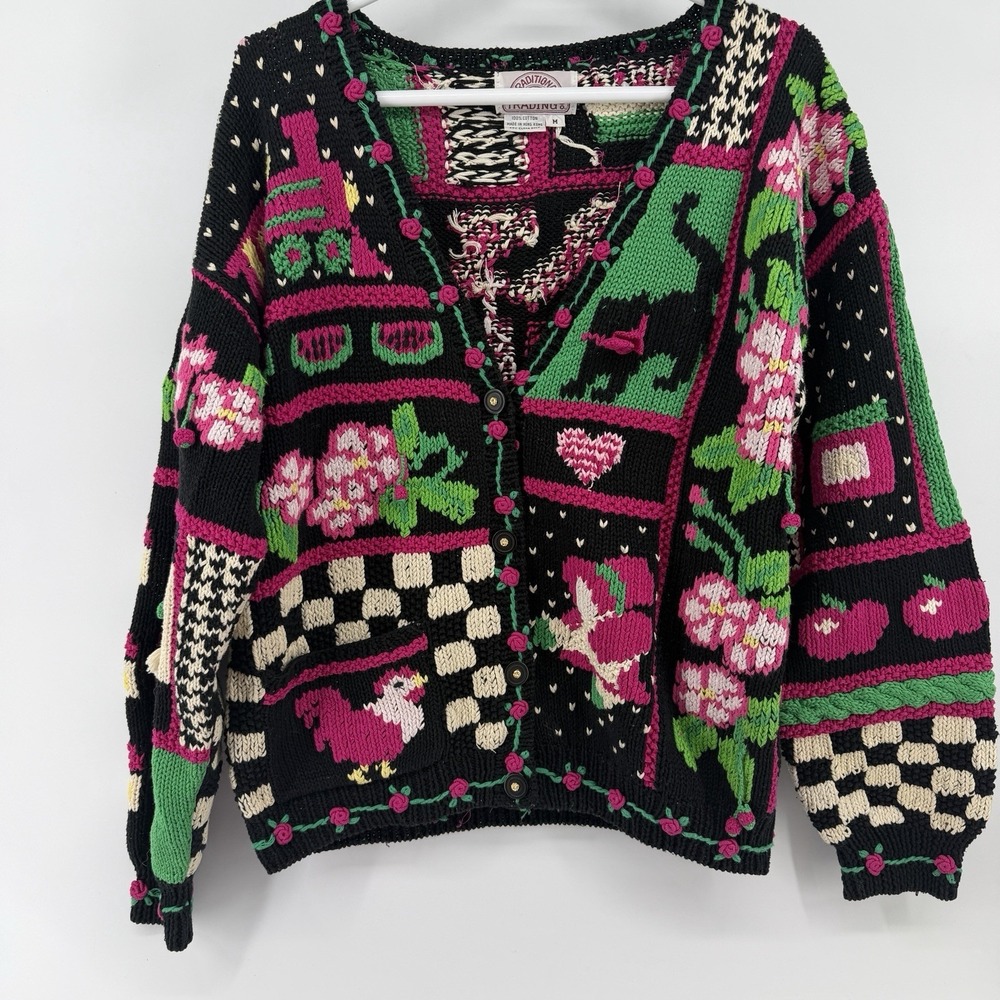 VTG Traditional Trading Co Novelty Knit Cardigan Womens M Black White Checked